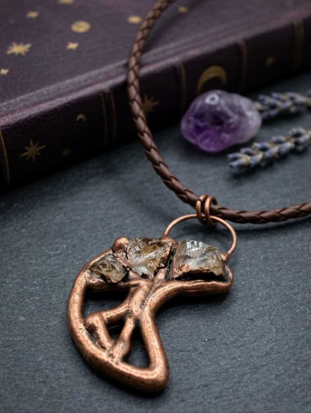 Copper Tone Crescent Moon Raw Green Stone Pendant Boho Leather Cord Necklace 20"